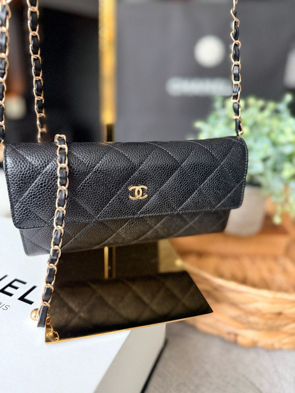 Chanel Gusset Long Wallet Black Caviar Leather Gold Hardware