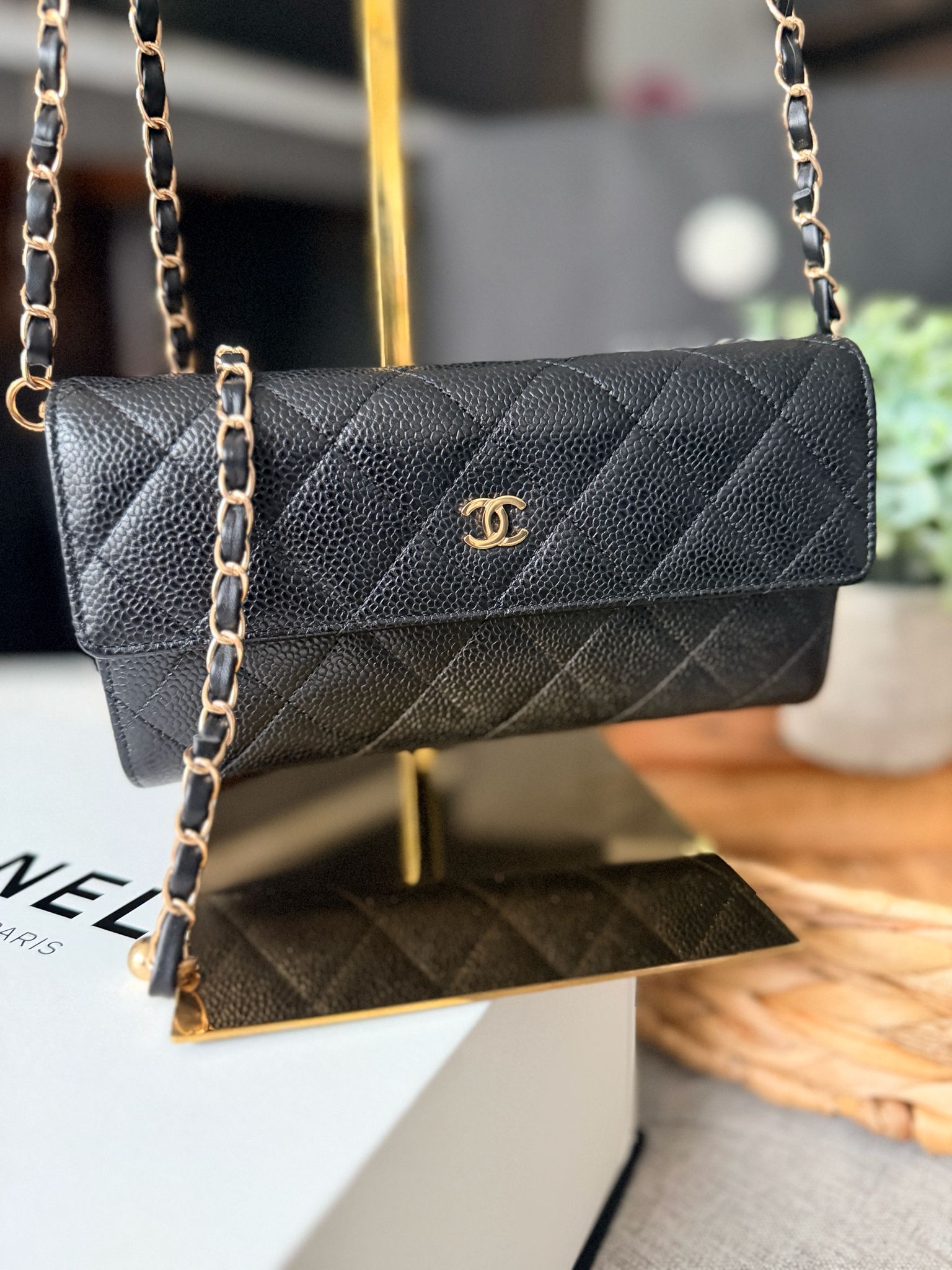 Chanel Gusset Long Wallet Black Caviar Leather Gold Hardware