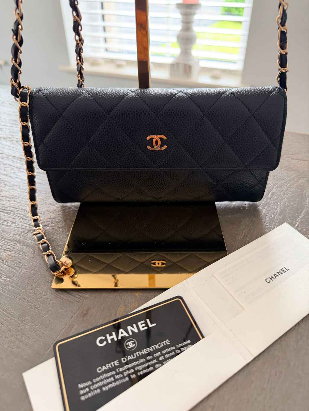 Chanel Gusset Long Wallet Black Caviar Leather Gold Hardware