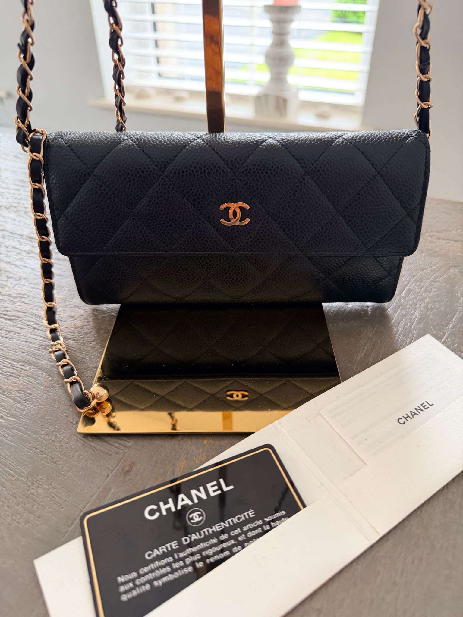 Chanel Gusset Long Wallet Black Caviar Leather Gold Hardware