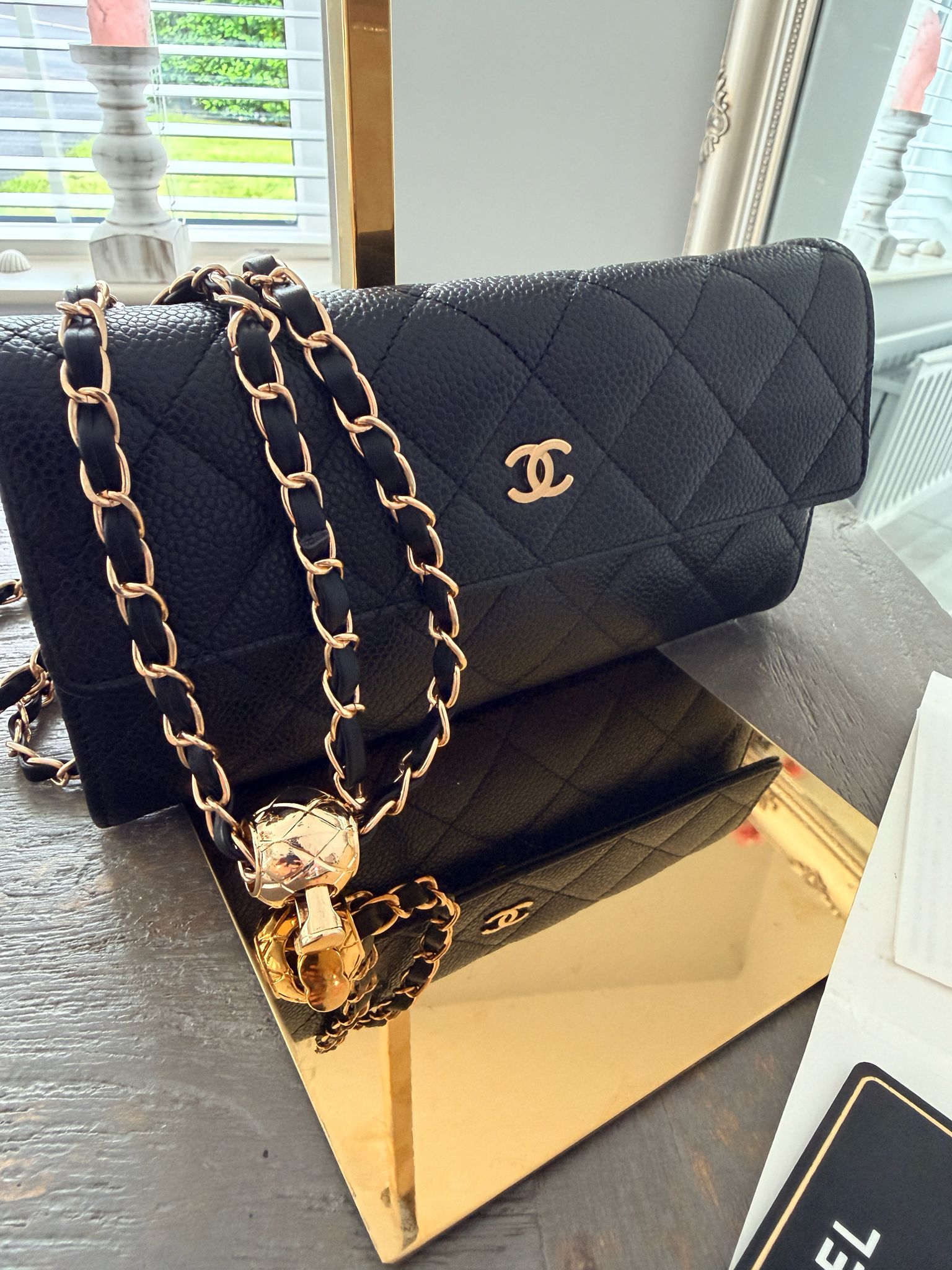 Chanel Gusset Long Wallet Black Caviar Leather Gold Hardware
