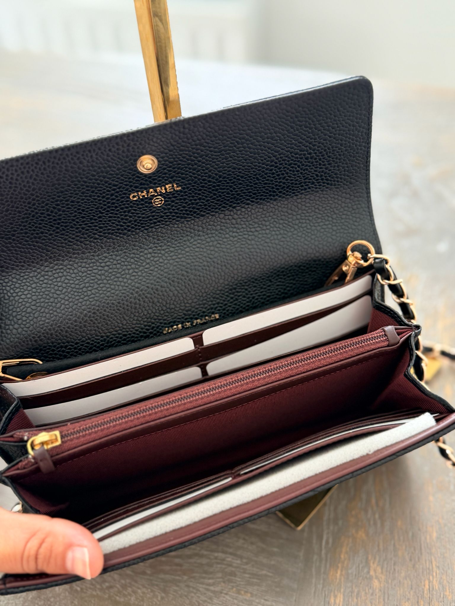 Chanel Gusset Long Wallet Black Caviar Leather Gold Hardware
