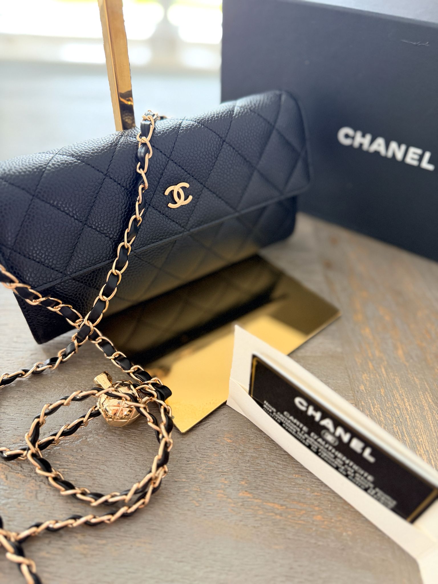 Chanel Gusset Long Wallet Black Caviar Leather Gold Hardware