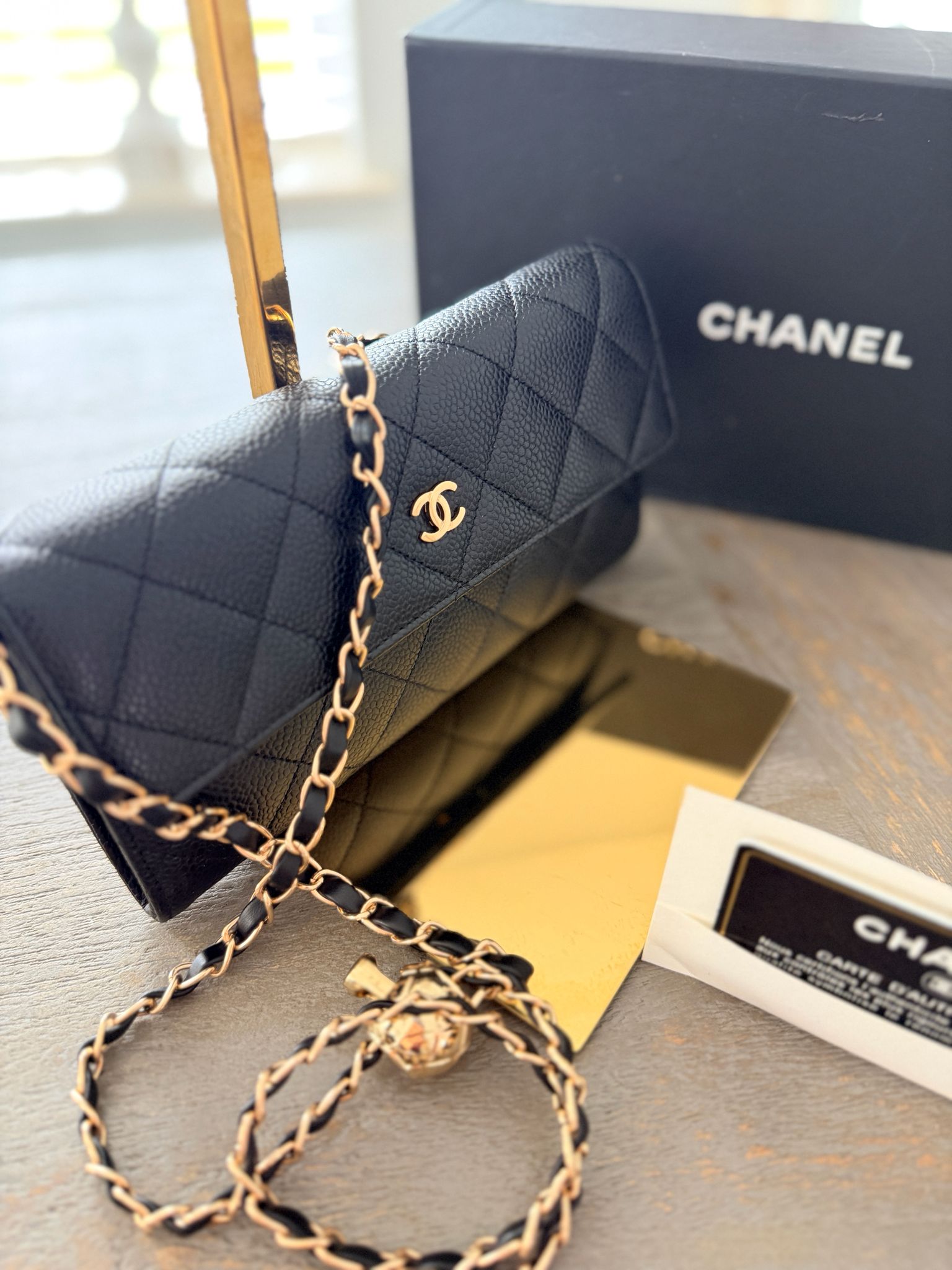 Chanel Gusset Long Wallet Black Caviar Leather Gold Hardware
