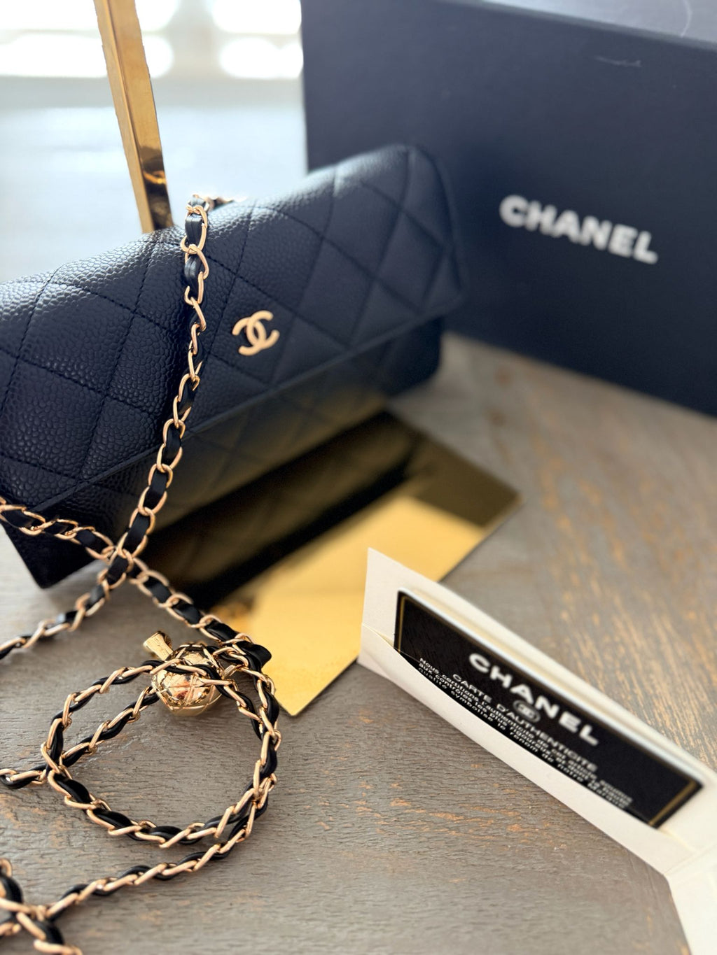 Chanel Gusset Long Wallet Black Caviar Leather Gold Hardware