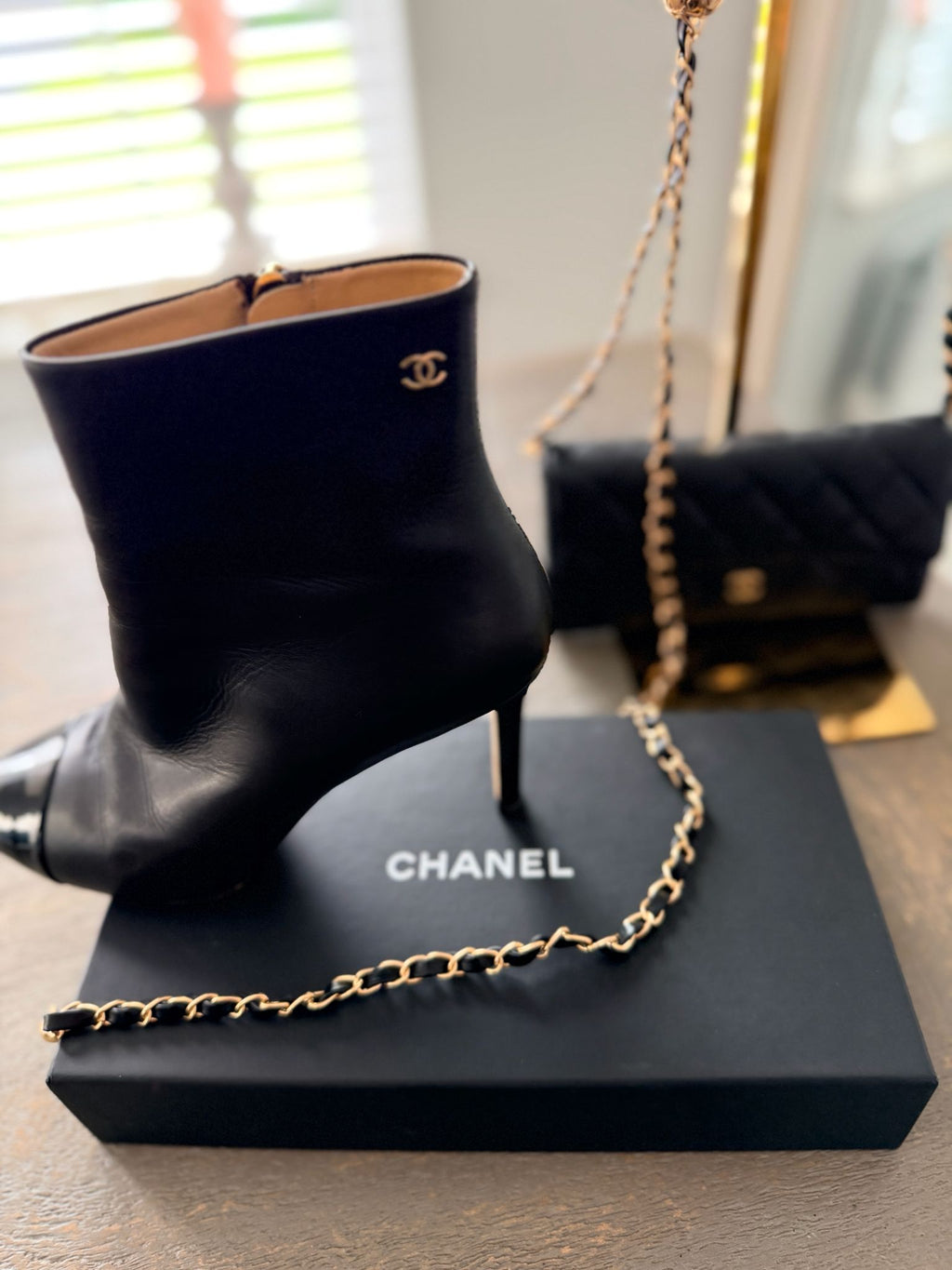 Chanel Black Calfskin & Patent Cap-Toe Ankle Boots Gold CC Logo