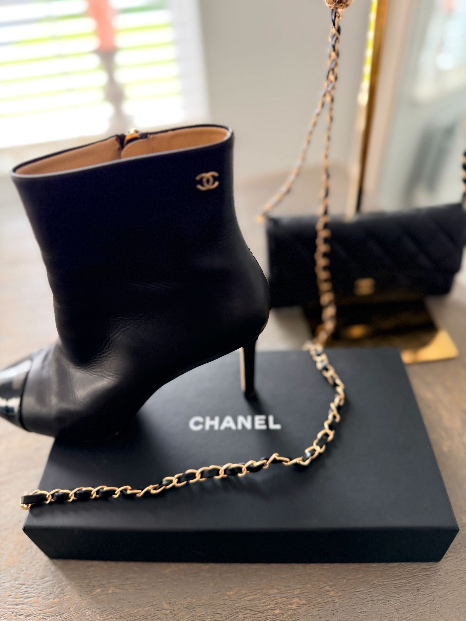 Chanel Black Calfskin & Patent Cap-Toe Ankle Boots Gold CC Logo