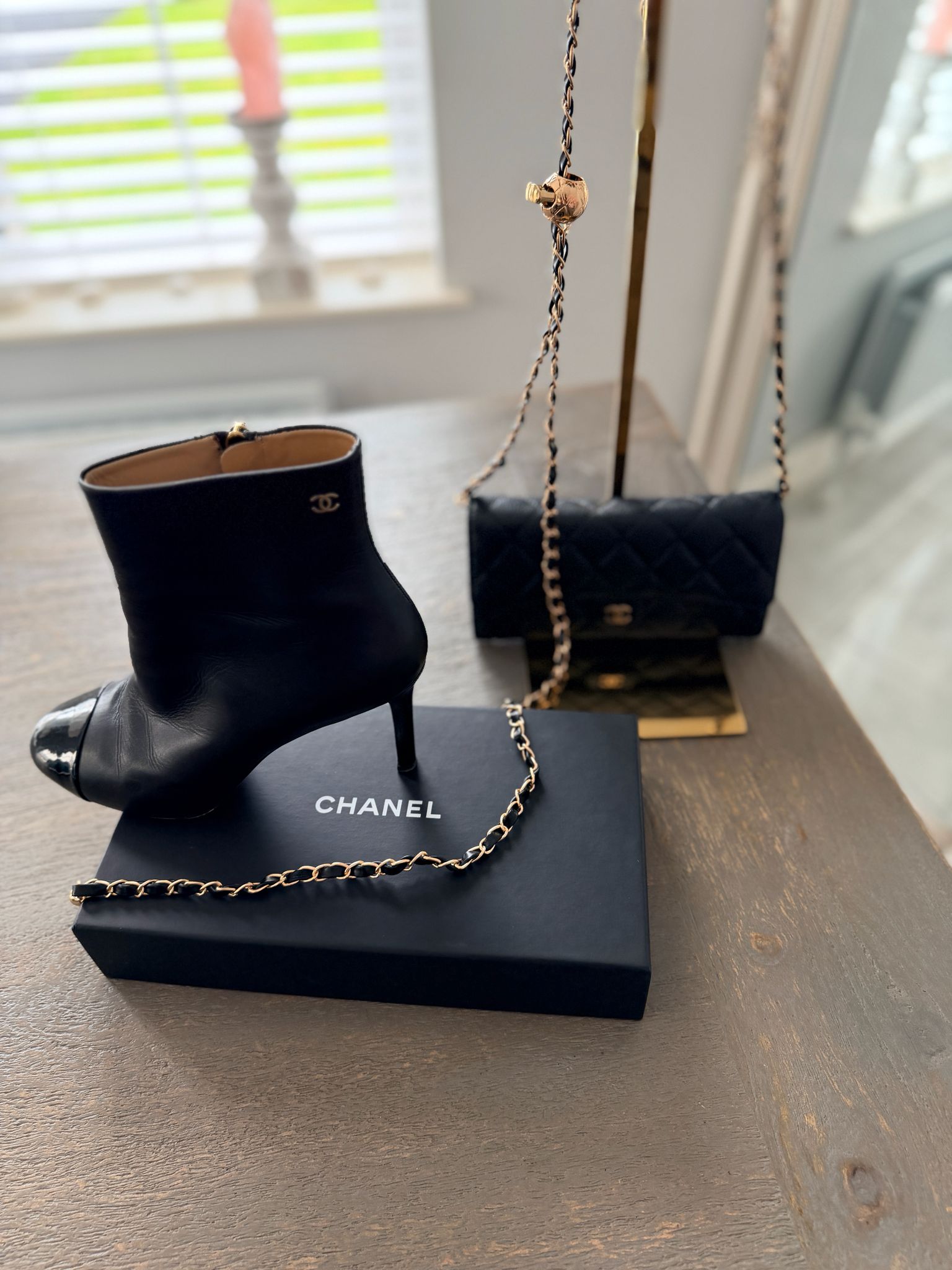 Chanel Black Calfskin & Patent Cap-Toe Ankle Boots Gold CC Logo
