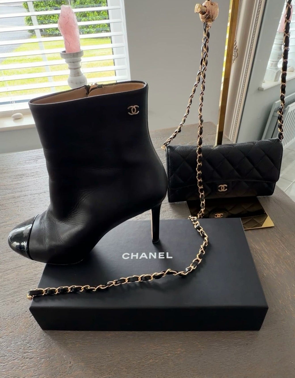 Chanel Black Calfskin & Patent Cap-Toe Ankle Boots Gold CC Logo
