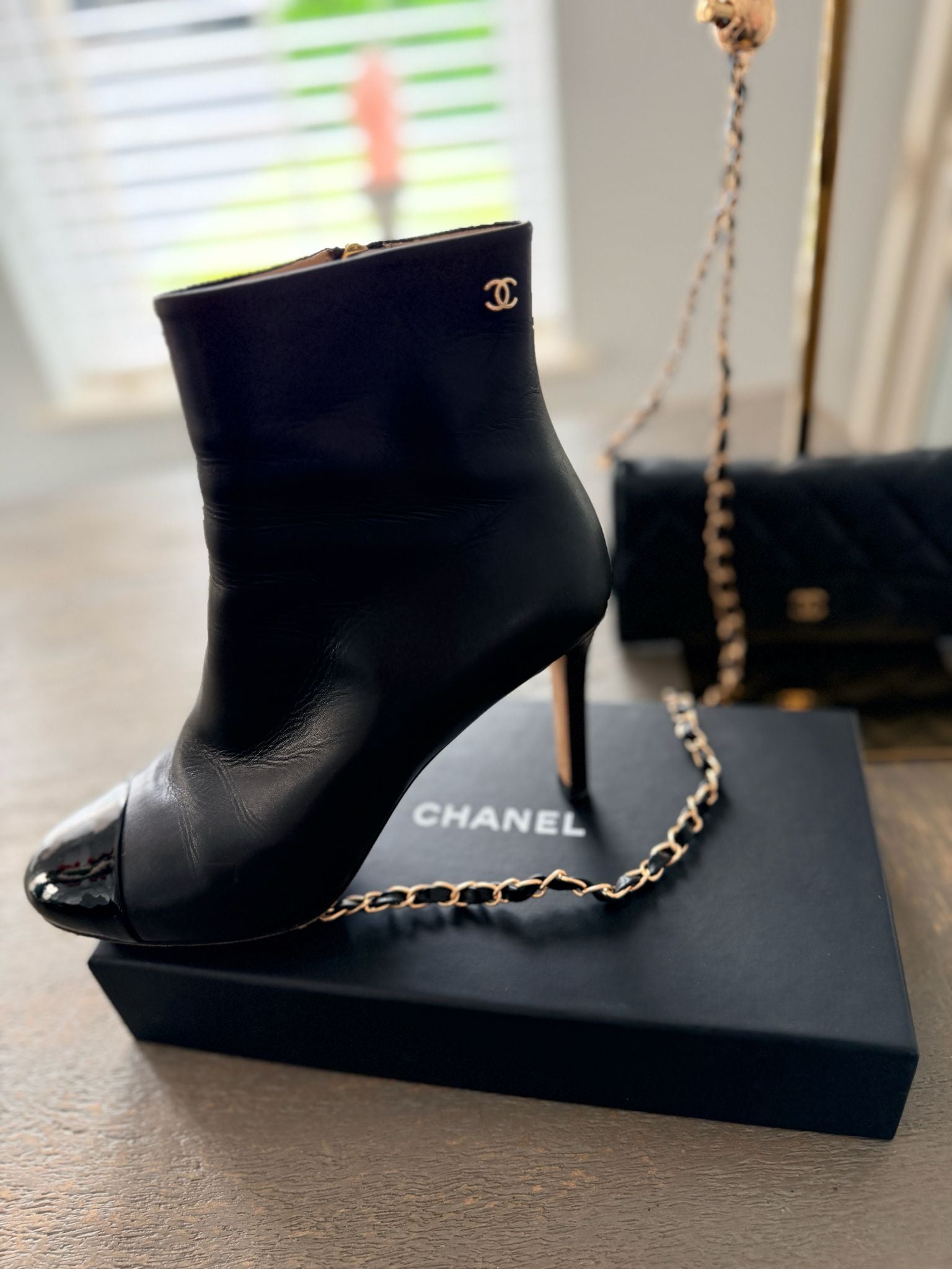 Chanel Black Calfskin & Patent Cap-Toe Ankle Boots Gold CC Logo