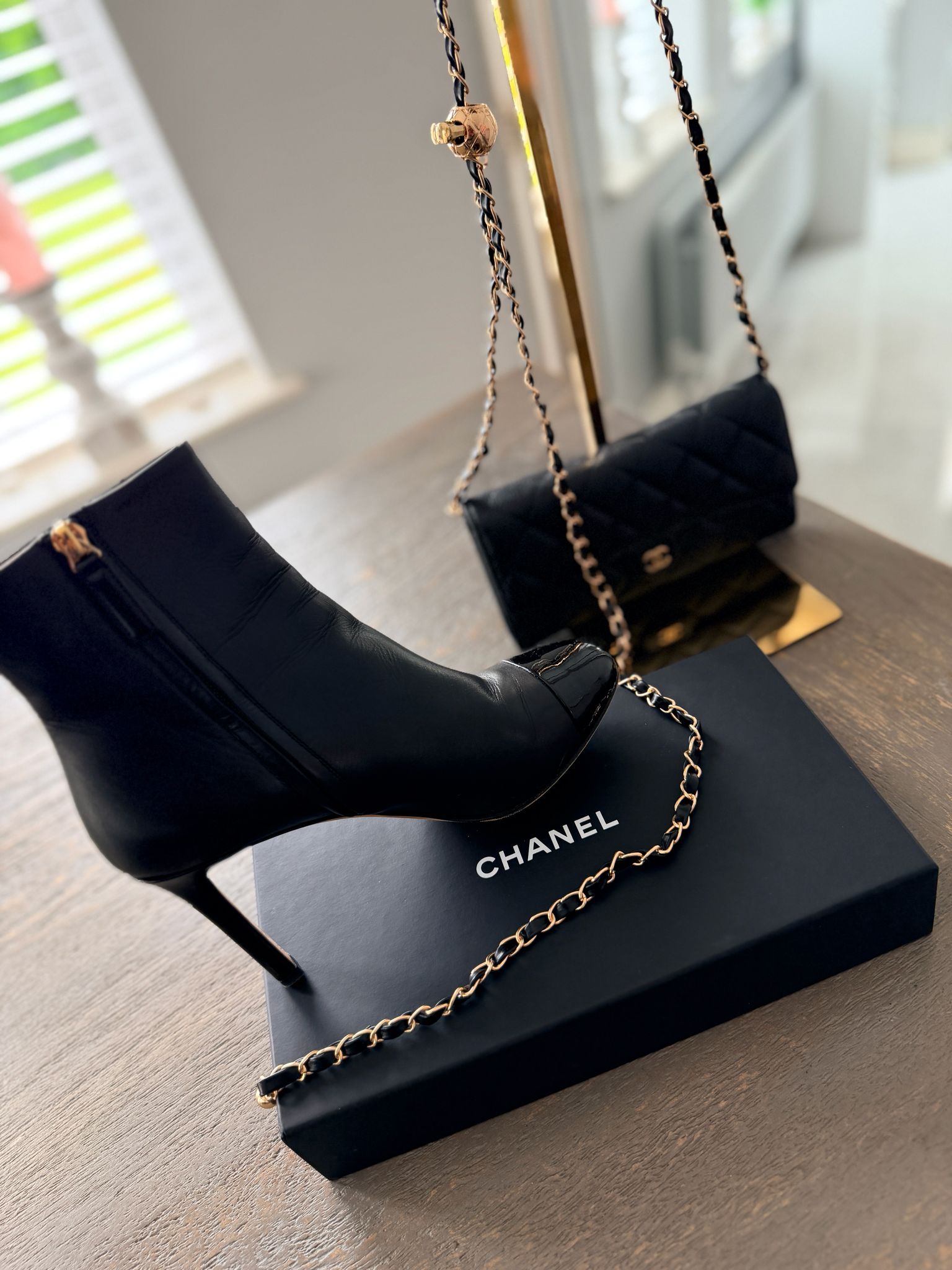 Chanel Black Calfskin & Patent Leather CC Ankle Boots Size 35.5