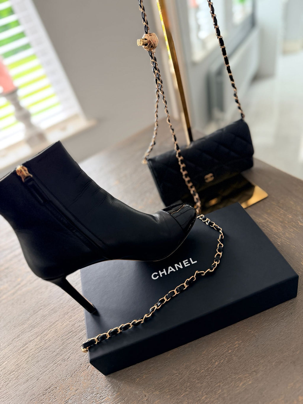Chanel Black Calfskin & Patent Cap-Toe Ankle Boots Gold CC Logo