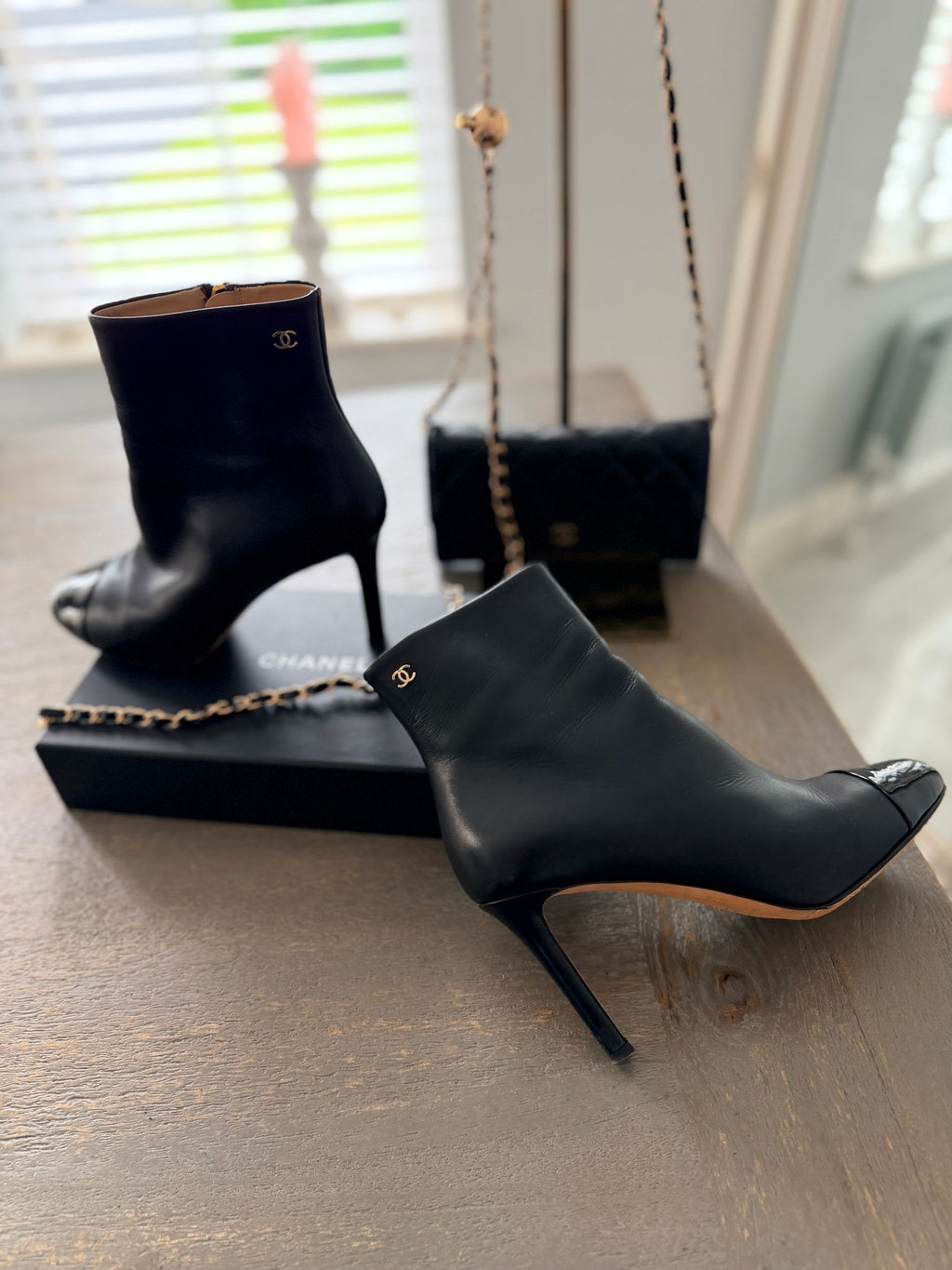 Chanel Black Calfskin & Patent Cap-Toe Ankle Boots Gold CC Logo