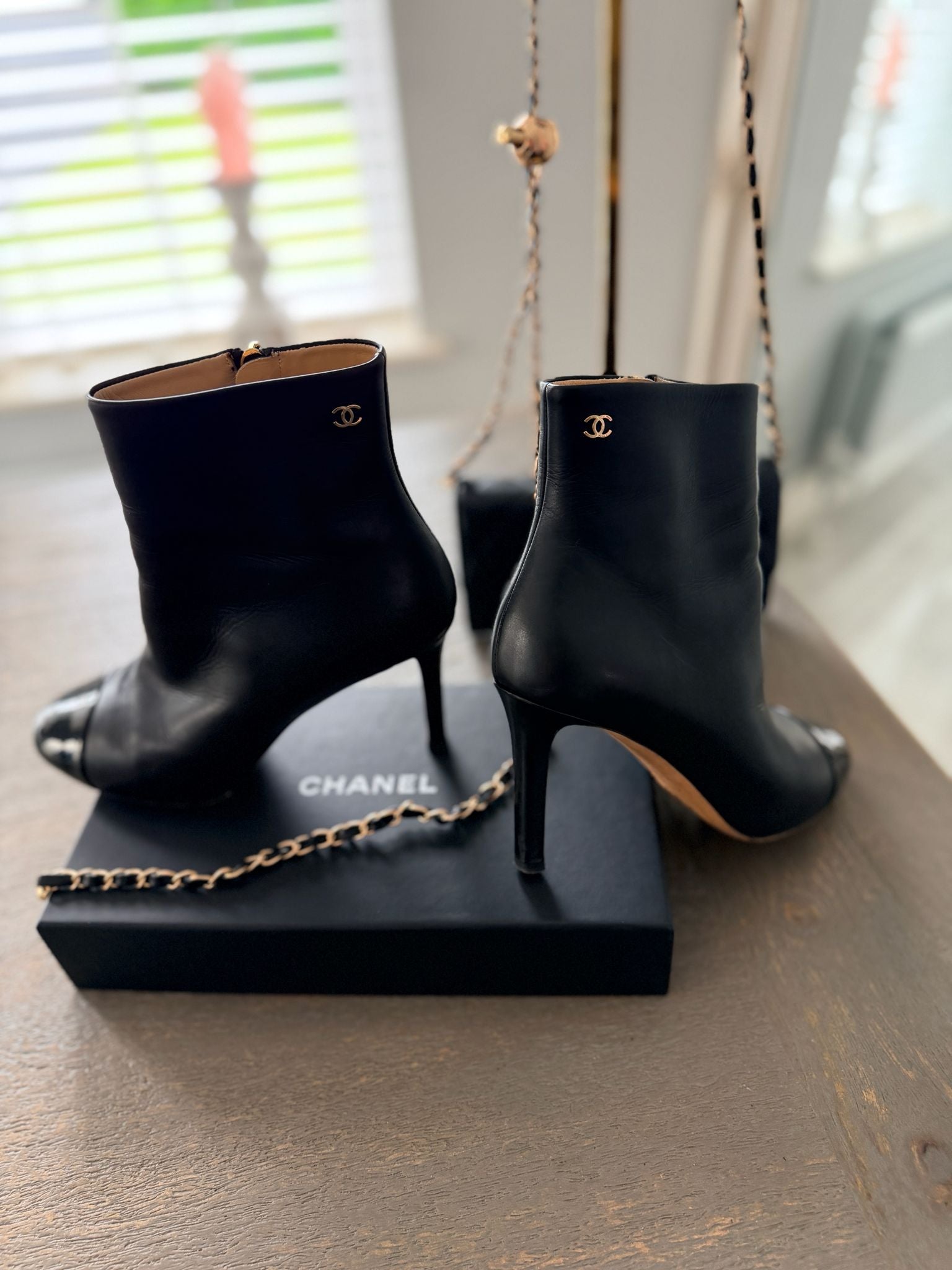 Chanel Black Calfskin & Patent Leather CC Ankle Boots Size 35.5