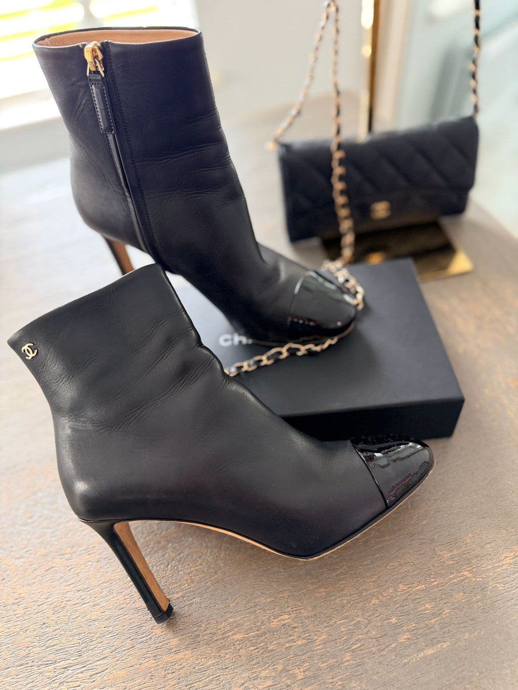 Chanel Black Calfskin & Patent Cap-Toe Ankle Boots Gold CC Logo