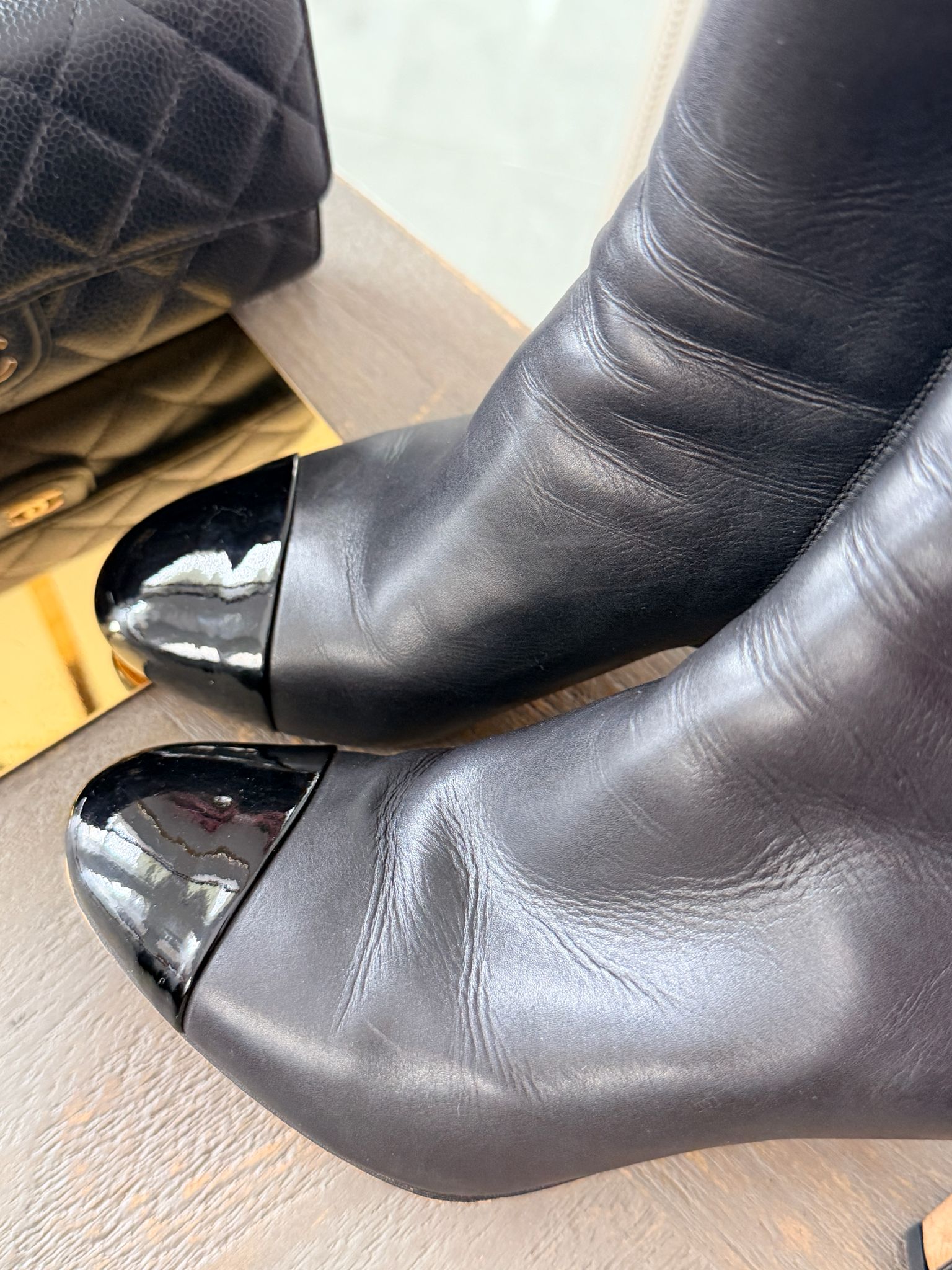 Chanel Black Calfskin & Patent Leather CC Ankle Boots Size 35.5