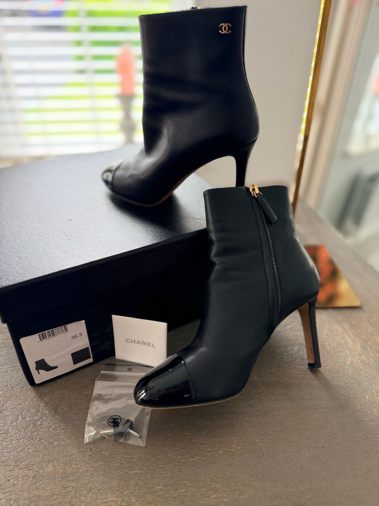 Chanel Black Calfskin & Patent Leather CC Ankle Boots Size 35.5