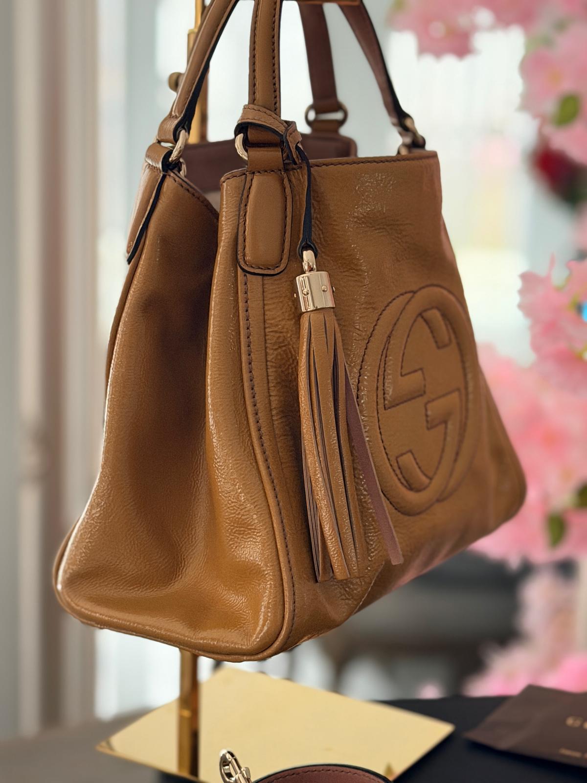 GUCCI GG Soho Tote Mustard Cellarius Patent Leather Gold Hardware