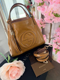 GUCCI GG Soho Tote Tan Cellarius Patent Leather Gold Hardware