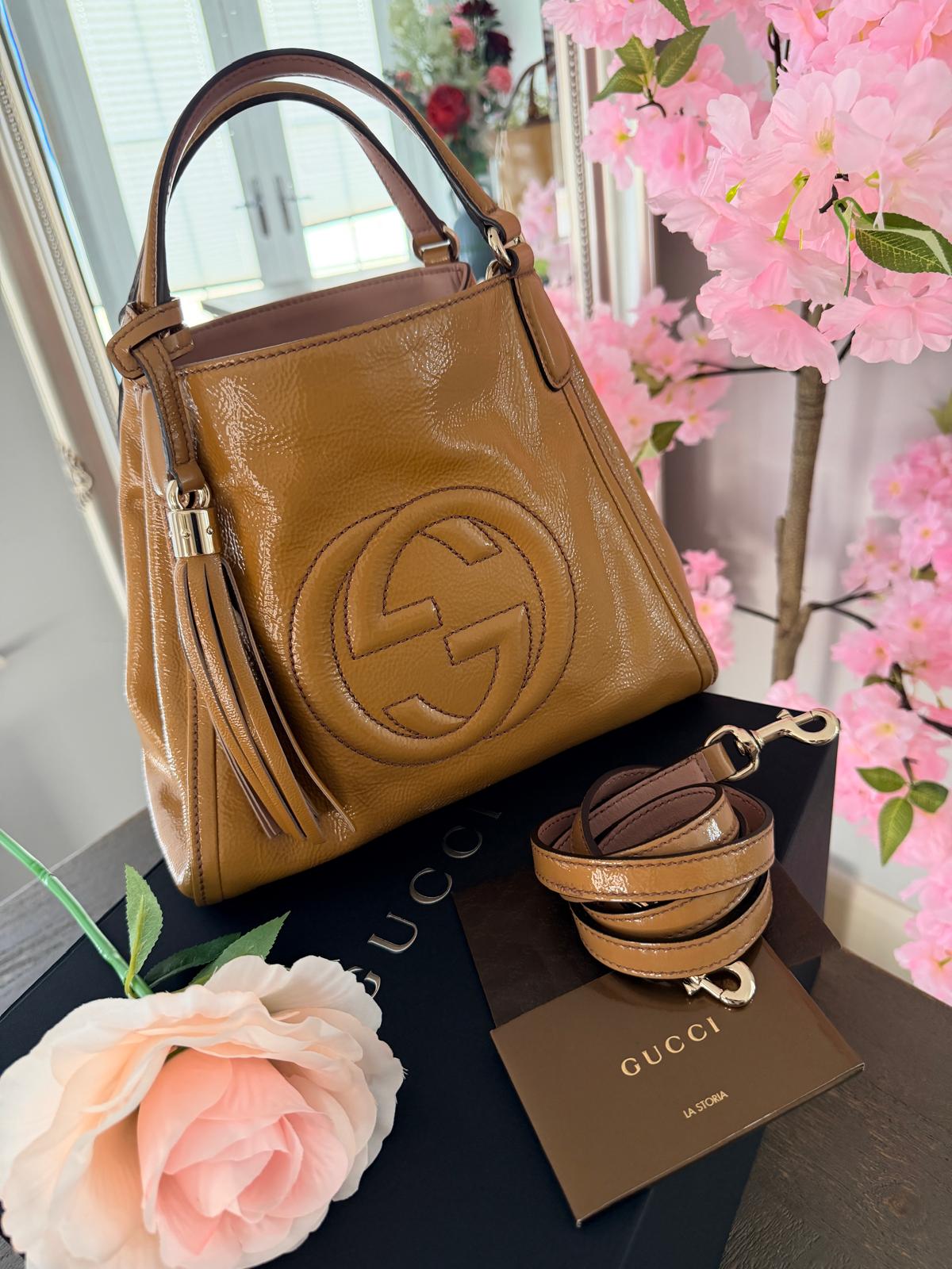 GUCCI GG Soho Tote Mustard Cellarius Patent Leather Gold Hardware