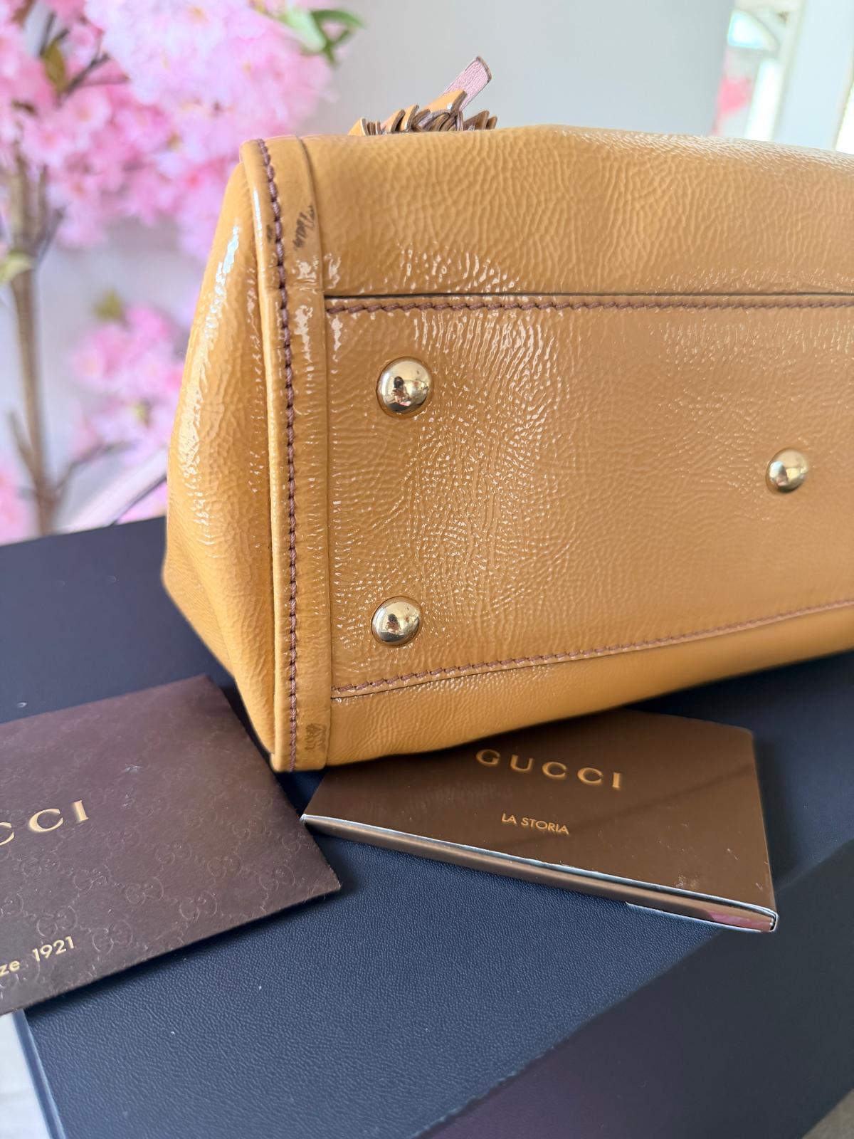 GUCCI GG Soho Tote Mustard Cellarius Patent Leather Gold Hardware