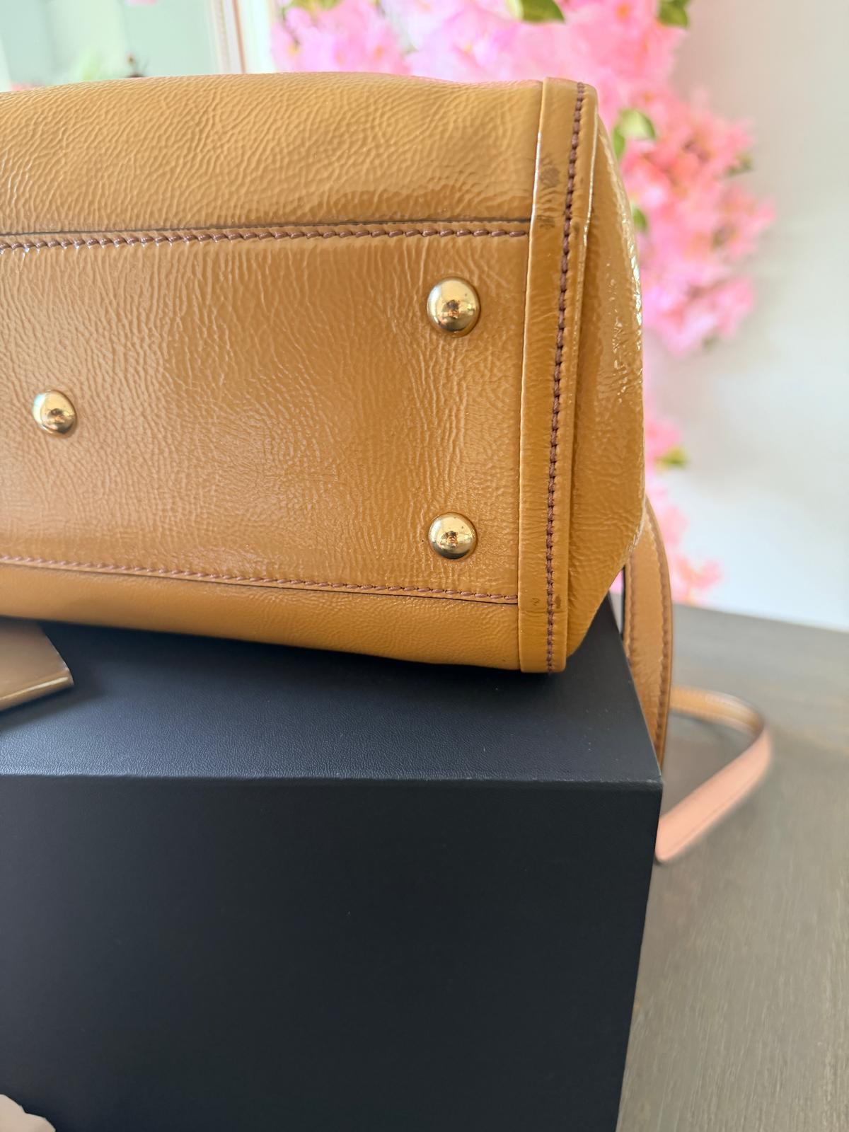 GUCCI GG Soho Tote Mustard Cellarius Patent Leather Gold Hardware