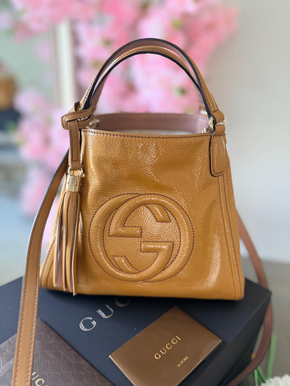 GUCCI GG Soho Tote Mustard Cellarius Patent Leather Gold Hardware