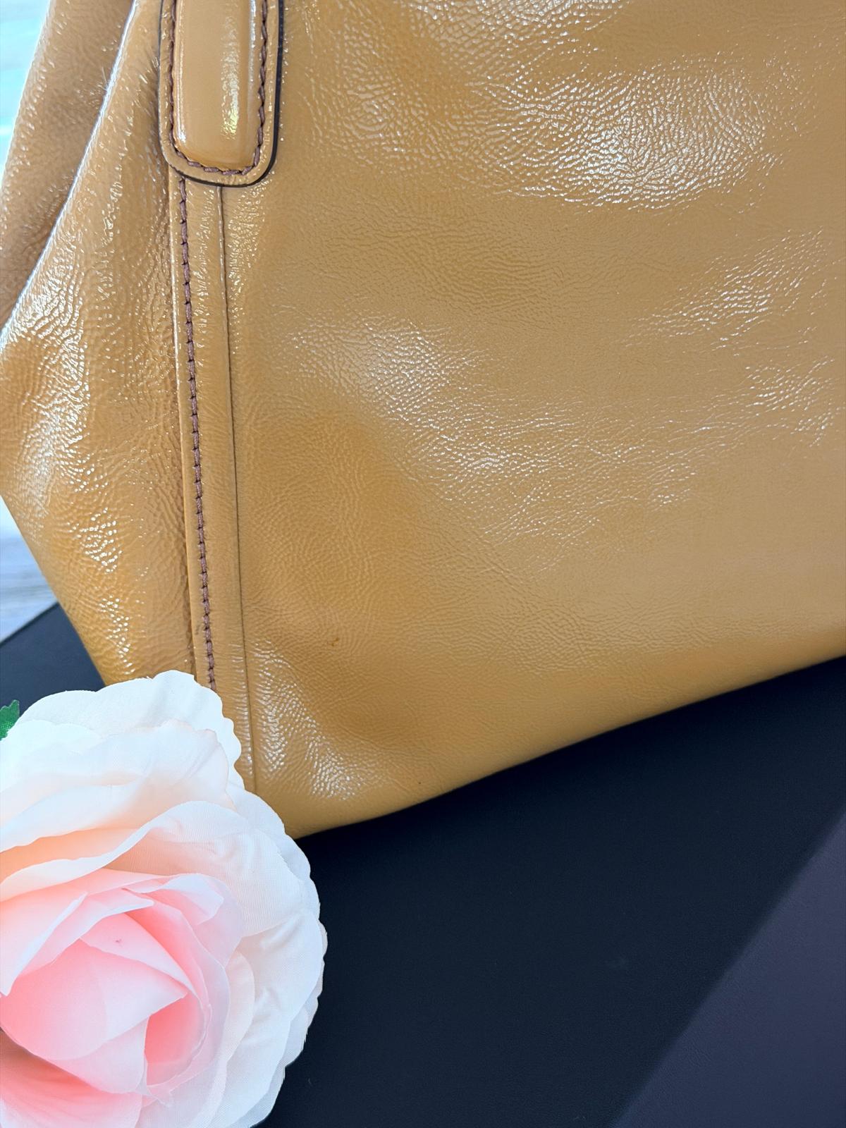 GUCCI GG Soho Tote Mustard Cellarius Patent Leather Gold Hardware
