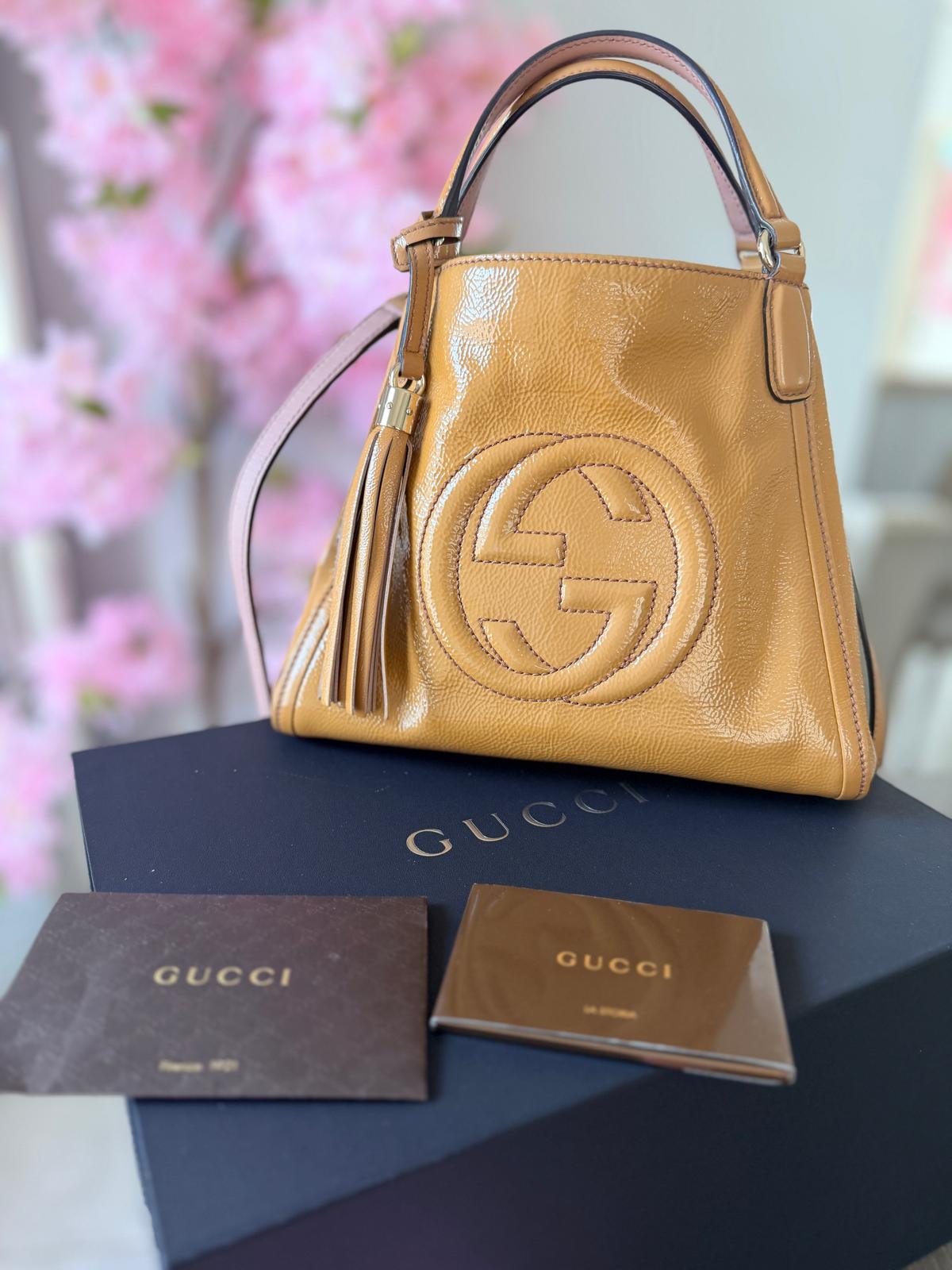 GUCCI GG Soho Tote Mustard Cellarius Patent Leather Gold Hardware