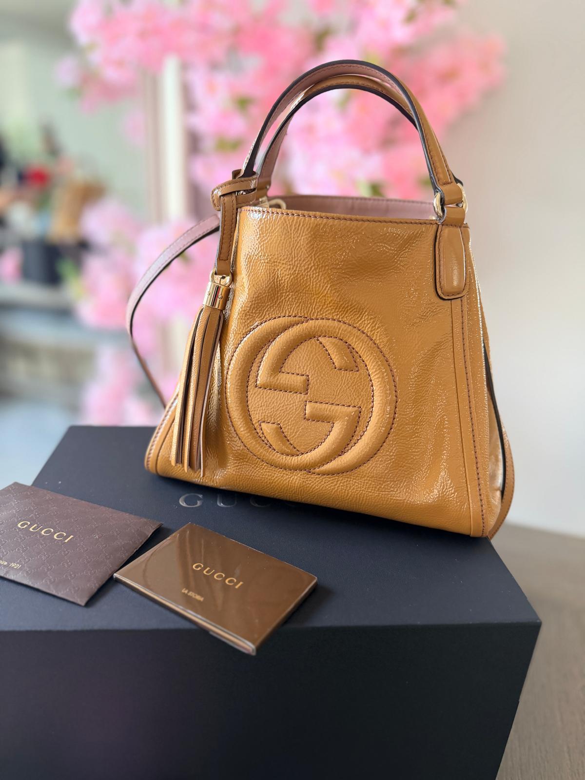 GUCCI GG Soho Tote Mustard Cellarius Patent Leather Gold Hardware