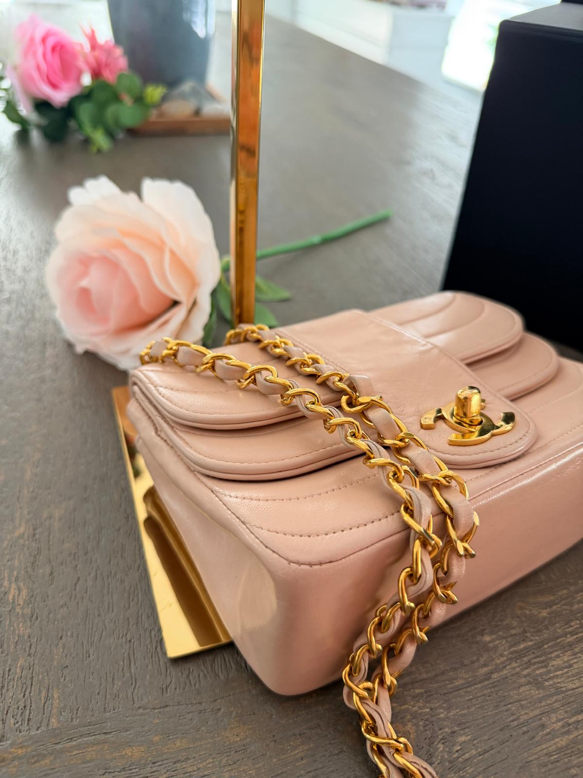 Chanel Vintage Mademoiselle Flap Mini Bag Pink Lambskin Leather 24k Gold Plated Hardware
