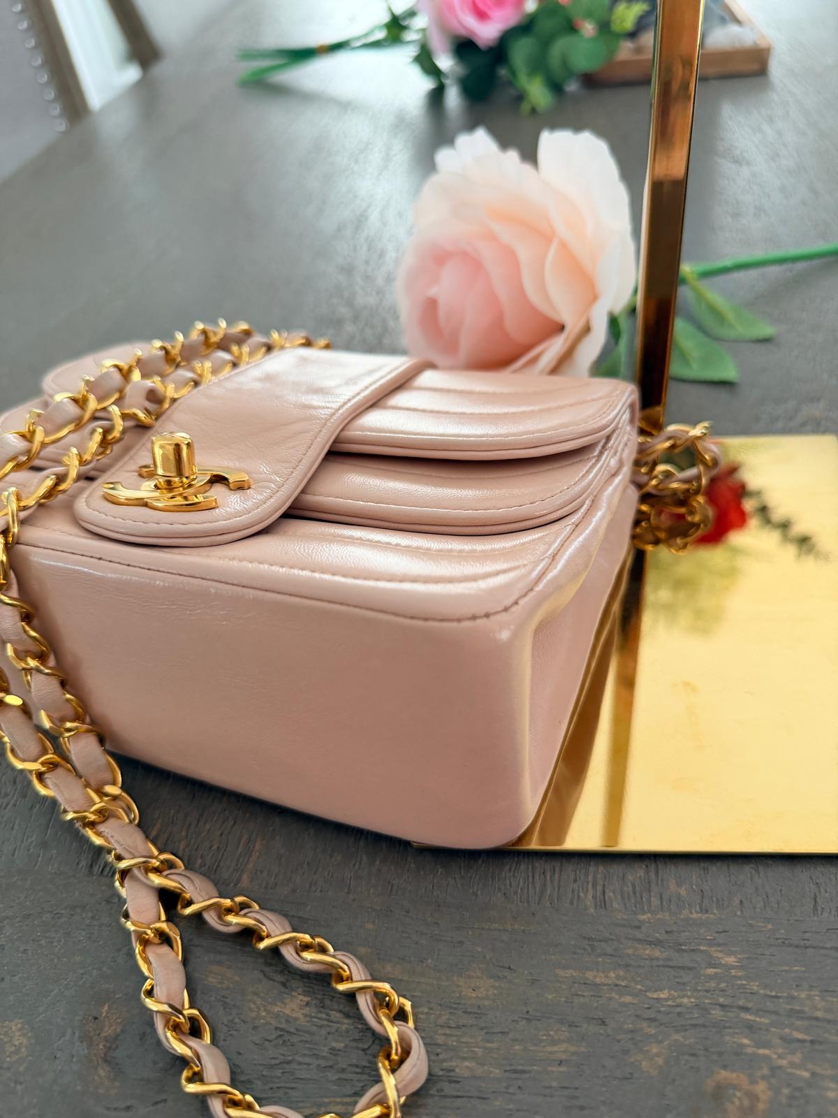 Chanel Vintage Mademoiselle Flap Mini Bag Pink Lambskin Leather 24k Gold Plated Hardware