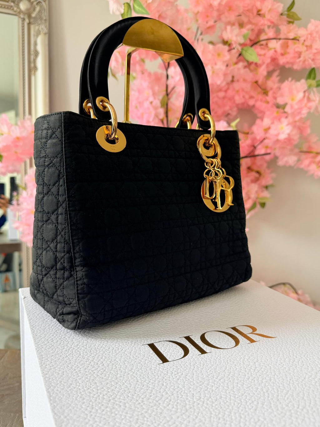 Christian Dior Lady Dior Medium Black Canvas Handbag Gold Hardware