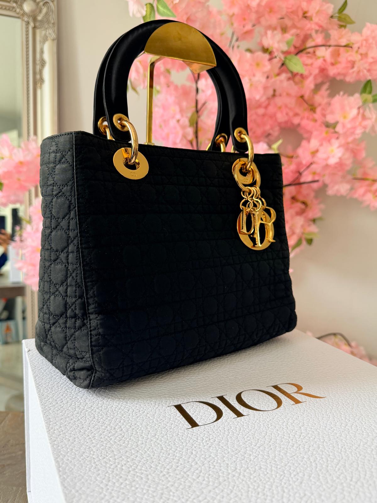 Christian Dior Lady Dior Medium Black Canvas Handbag Gold Hardware