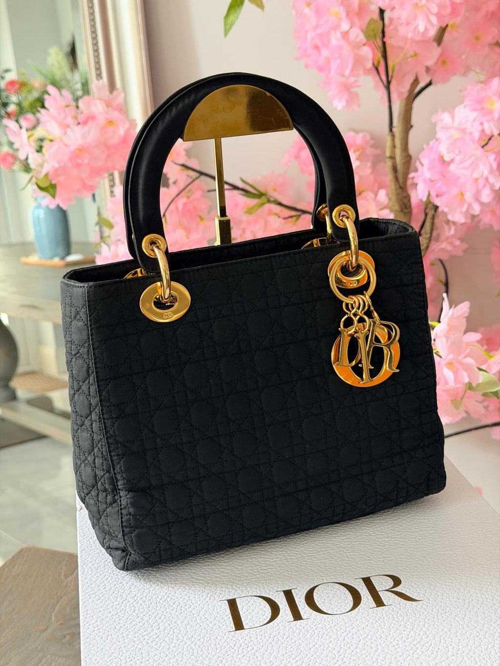 Christian Dior Lady Dior Medium Black Canvas Handbag Gold Hardware
