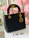 Christian Dior Lady Dior Medium Black Canvas Handbag Gold Hardware