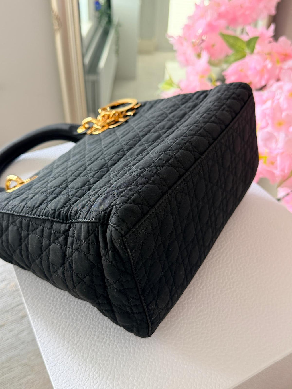 Christian Dior Lady Dior Medium Black Canvas Handbag Gold Hardware