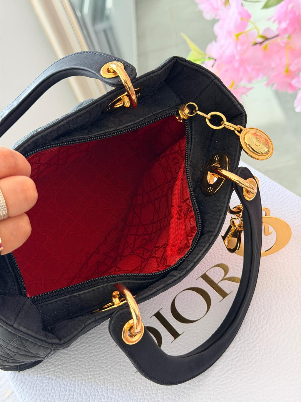 Christian Dior Lady Dior Medium Black Canvas Handbag Gold Hardware