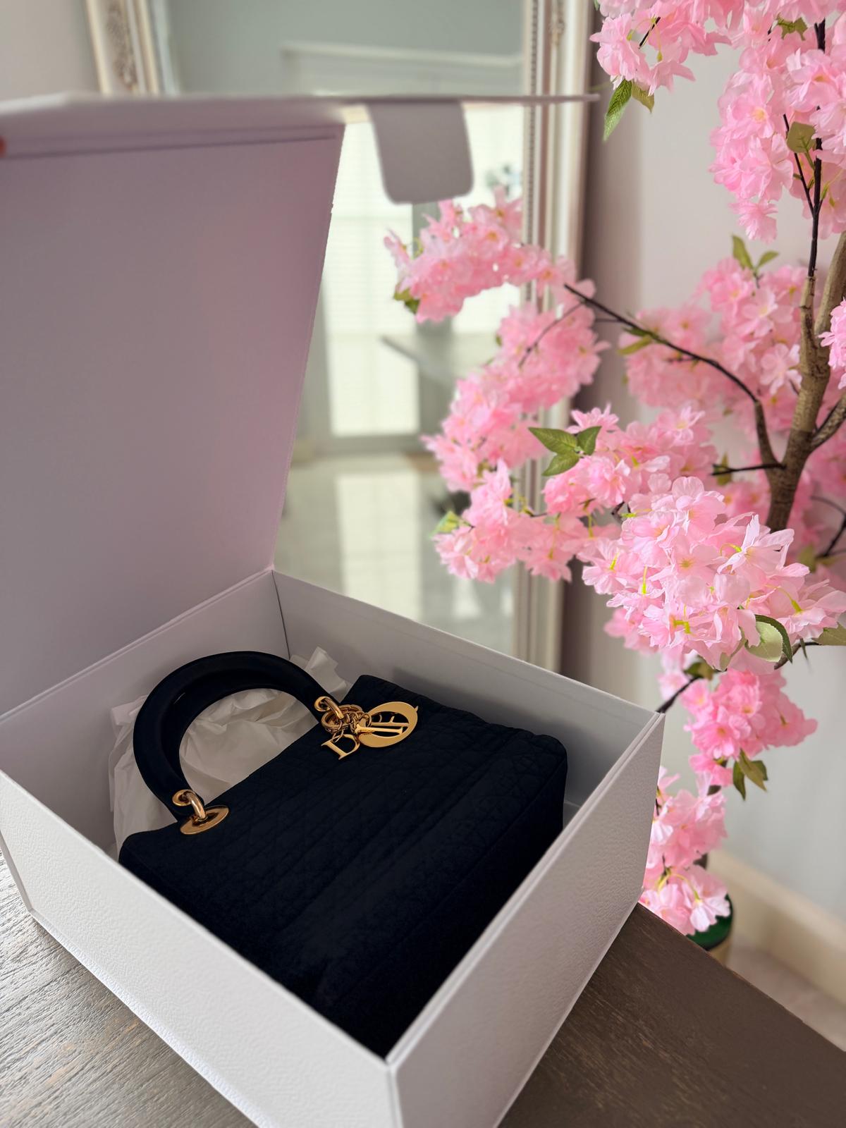 Christian Dior Lady Dior Medium Black Canvas Handbag Gold Hardware