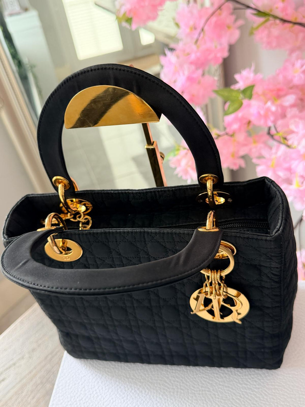 Christian Dior Lady Dior Medium Black Canvas Handbag Gold Hardware
