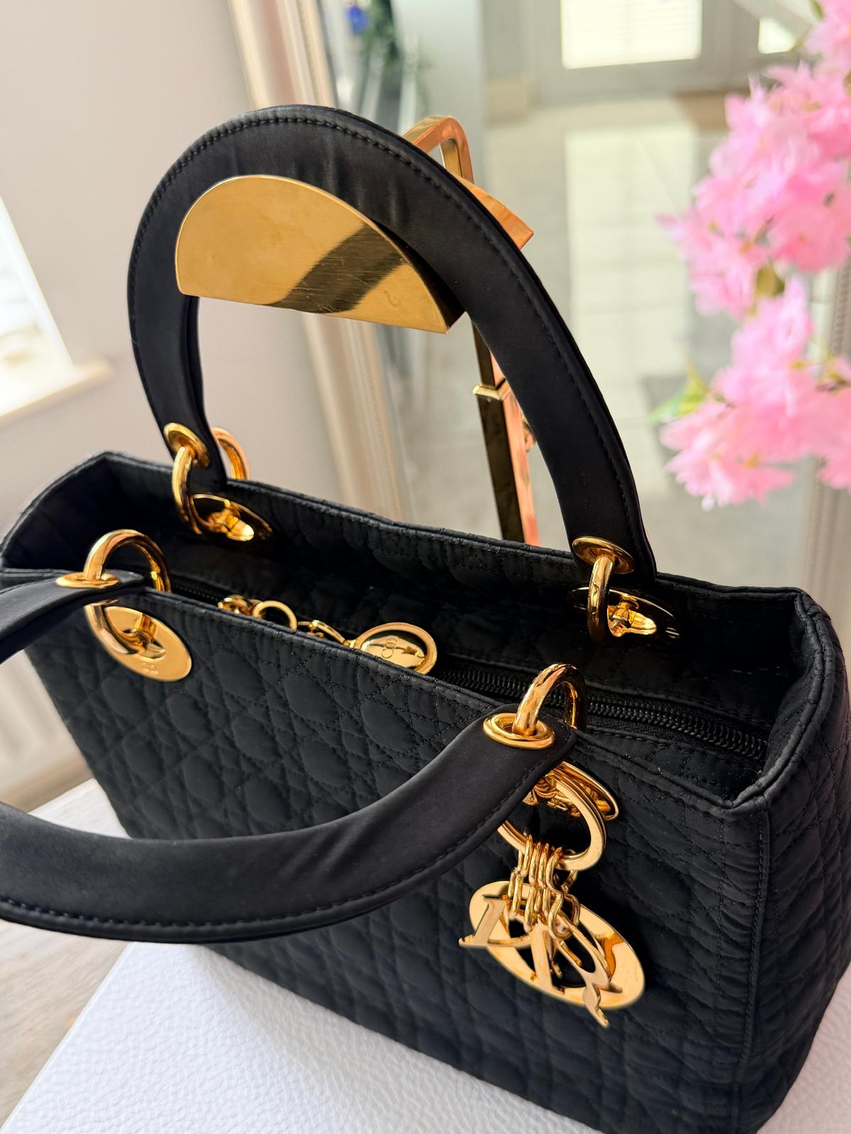 Christian Dior Lady Dior Medium Black Canvas Handbag Gold Hardware
