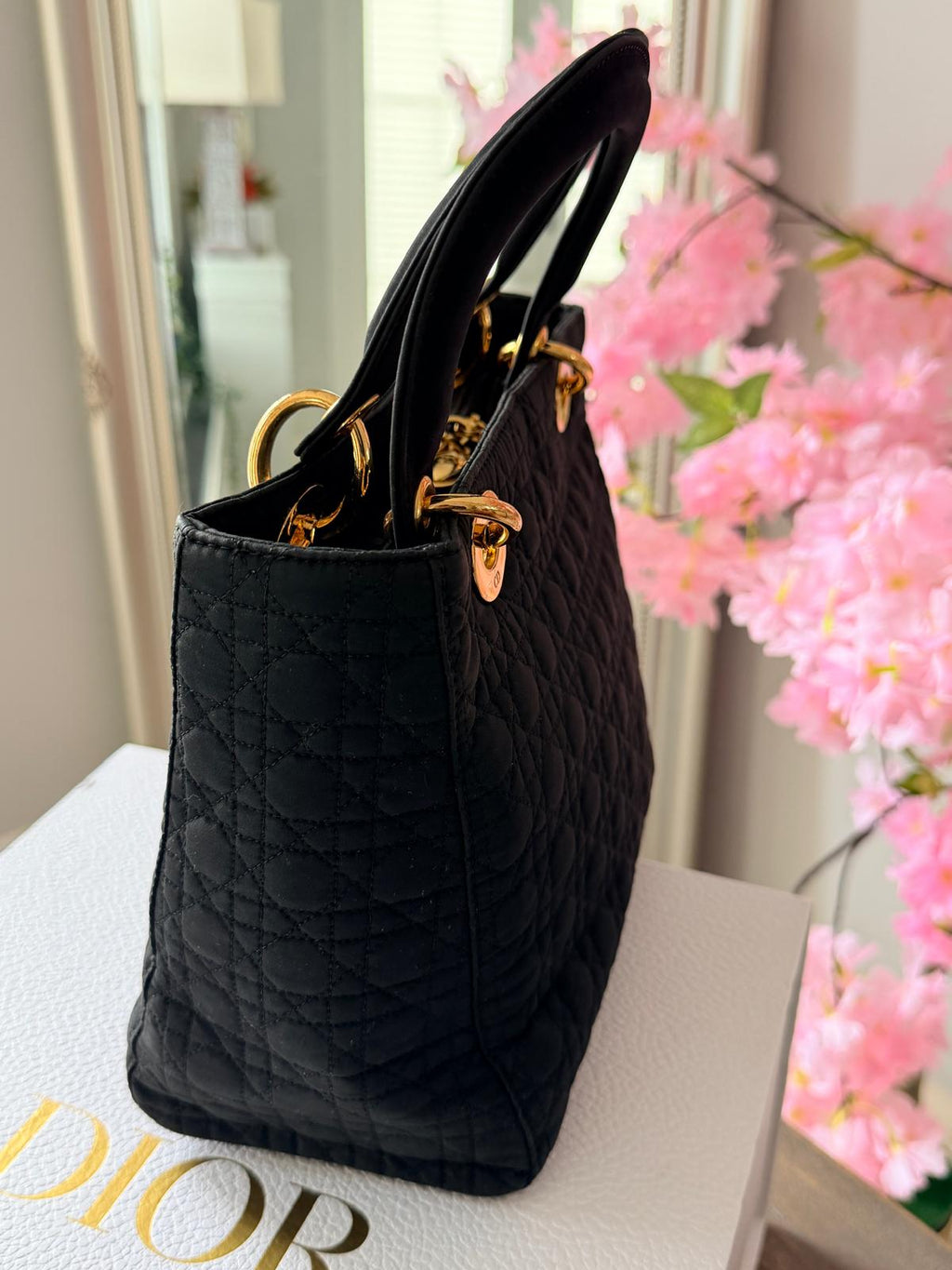 Christian Dior Lady Dior Medium Black Canvas Handbag Gold Hardware