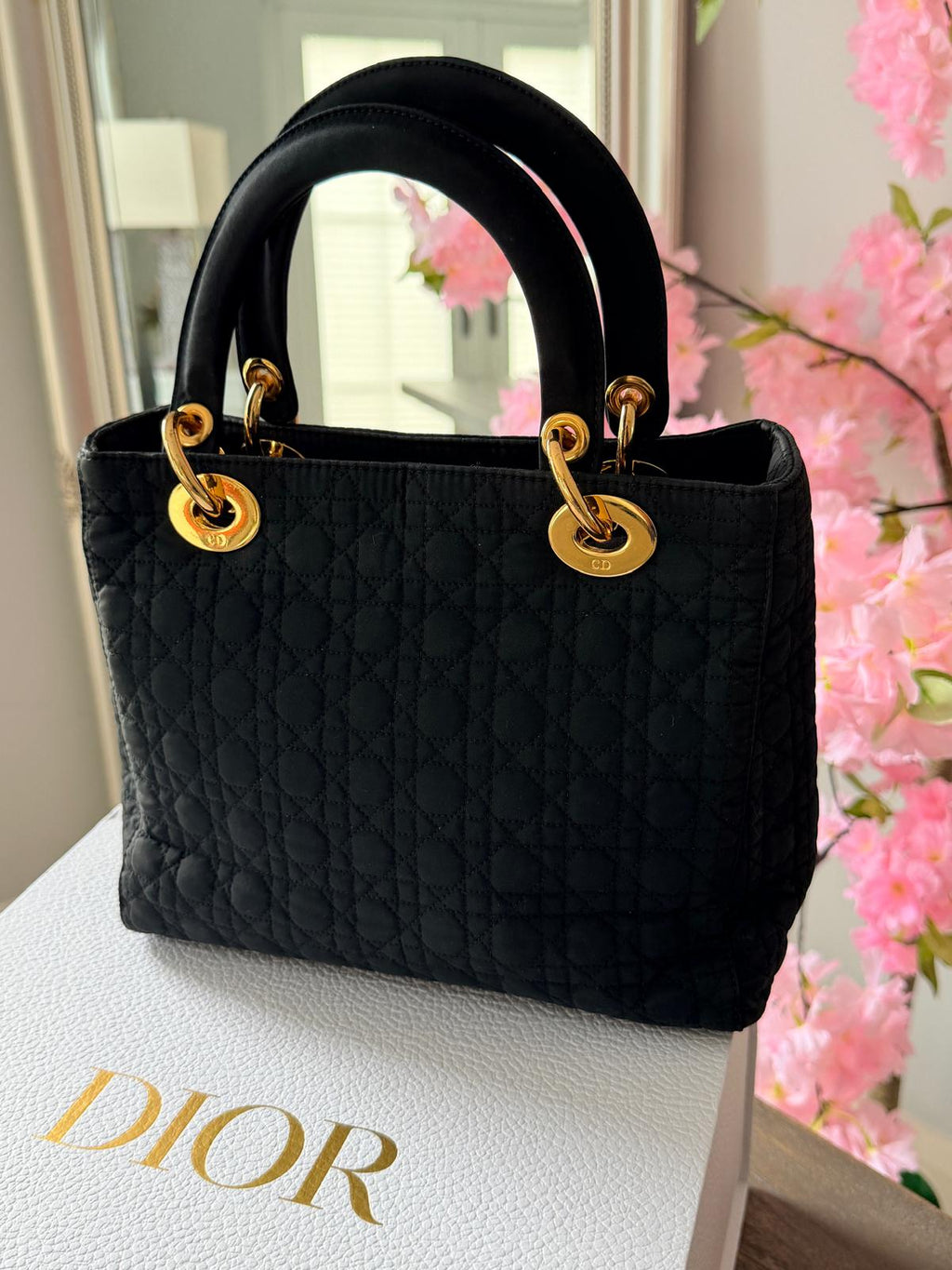 Christian Dior Lady Dior Medium Black Canvas Handbag Gold Hardware