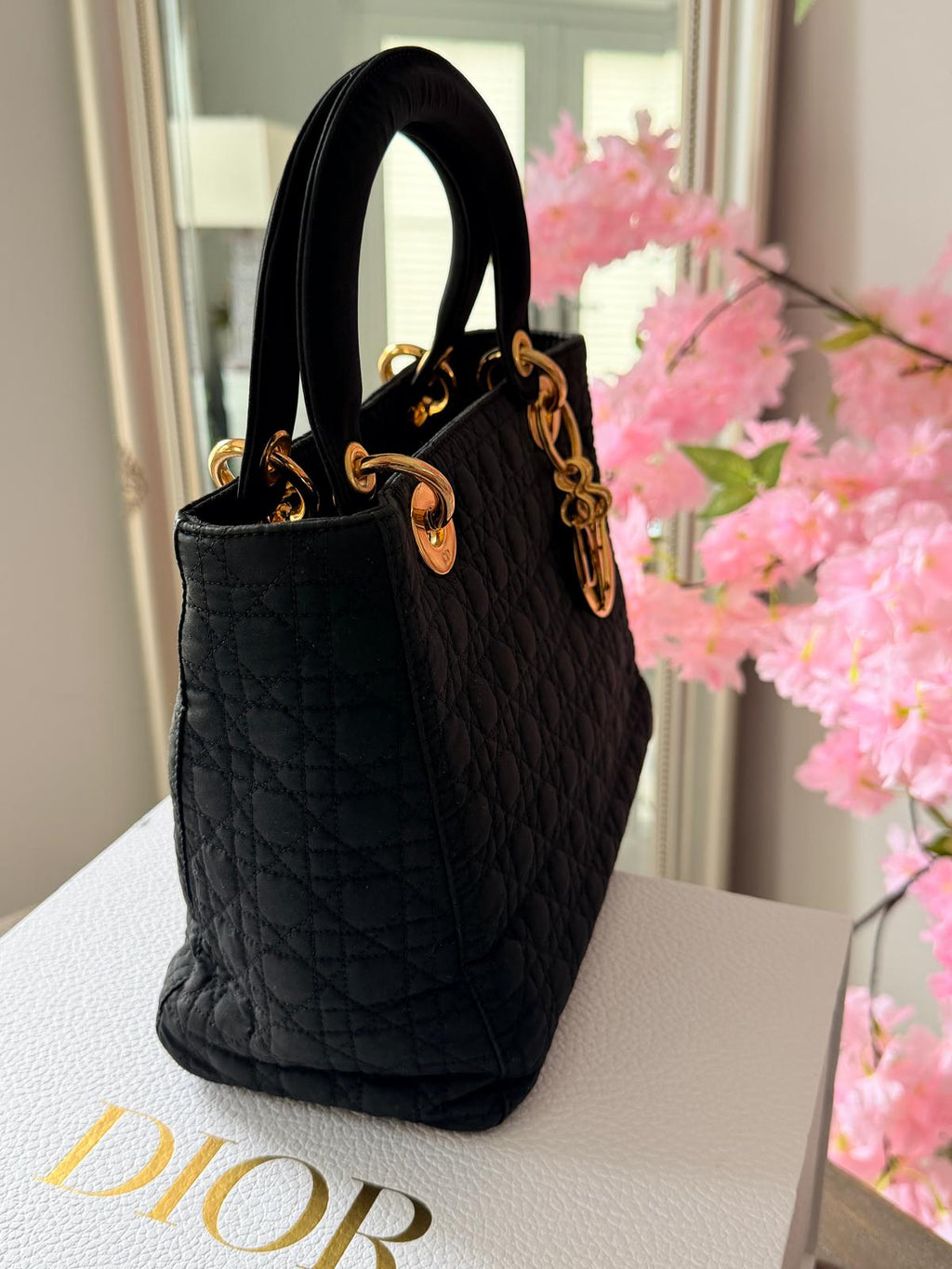 Christian Dior Lady Dior Medium Black Canvas Handbag Gold Hardware