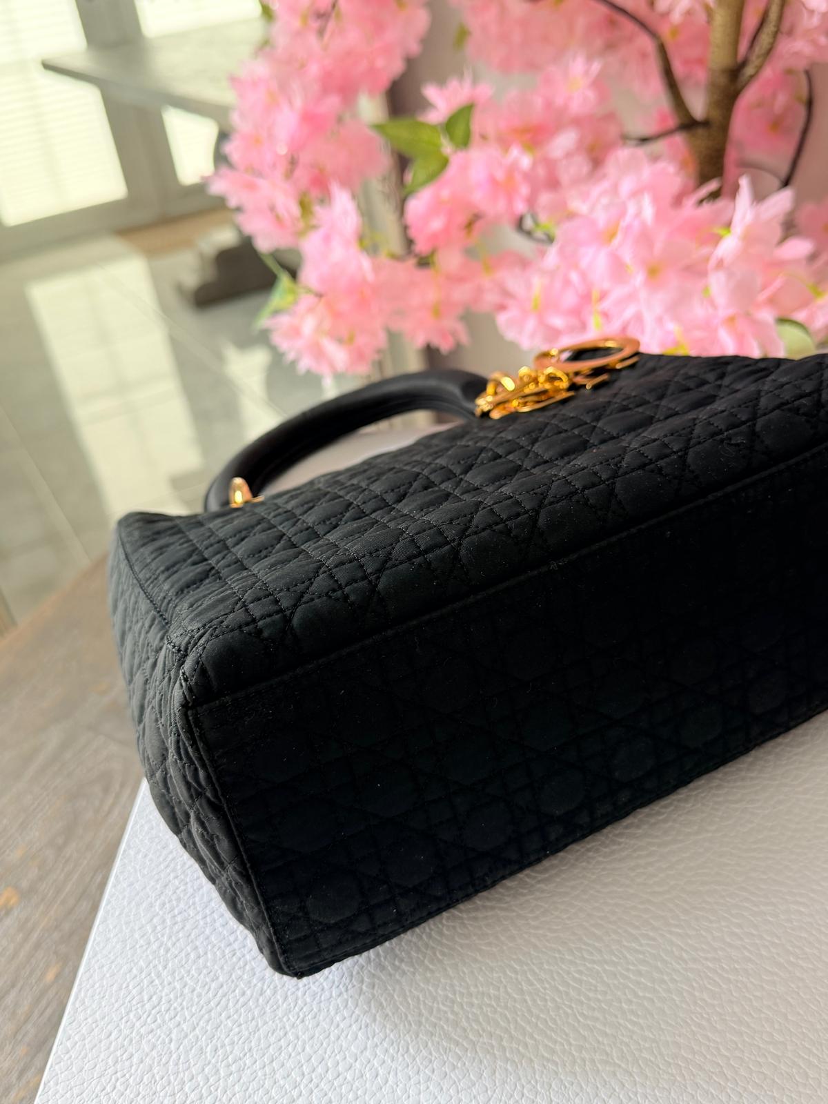 Christian Dior Lady Dior Medium Black Canvas Handbag Gold Hardware