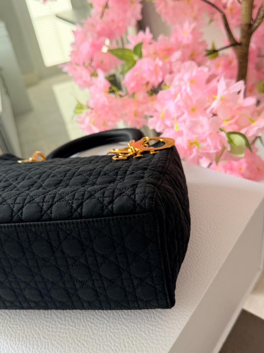 Christian Dior Lady Dior Medium Black Canvas Handbag Gold Hardware