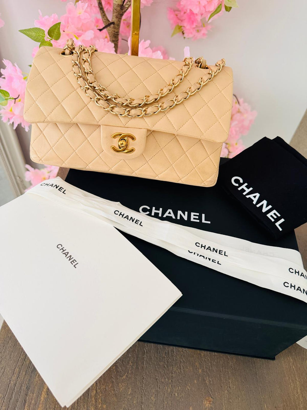 Chanel Medium Double Flap Beige Lambskin Leather Handbag Gold Hardware