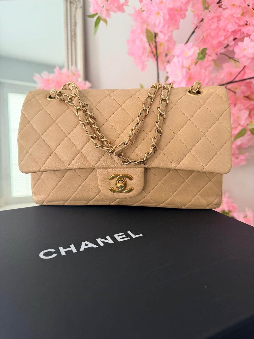 Chanel Medium Double Flap Beige Lambskin Leather Handbag Gold Hardware