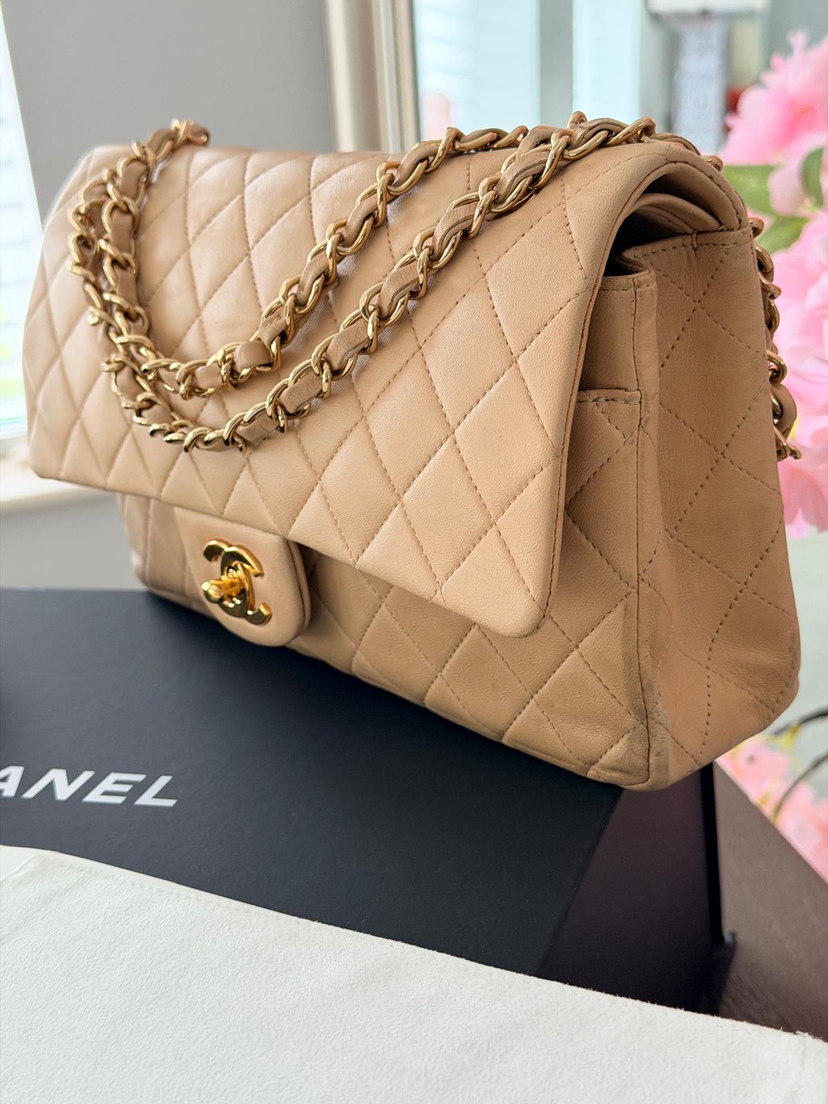 Chanel Medium Double Flap Beige Lambskin Leather Handbag Gold Hardware