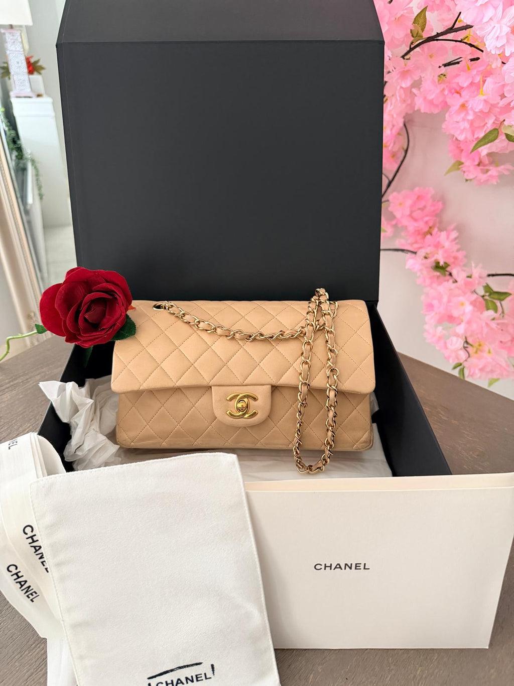 Chanel Medium Double Flap Beige Lambskin Leather Handbag Gold Hardware